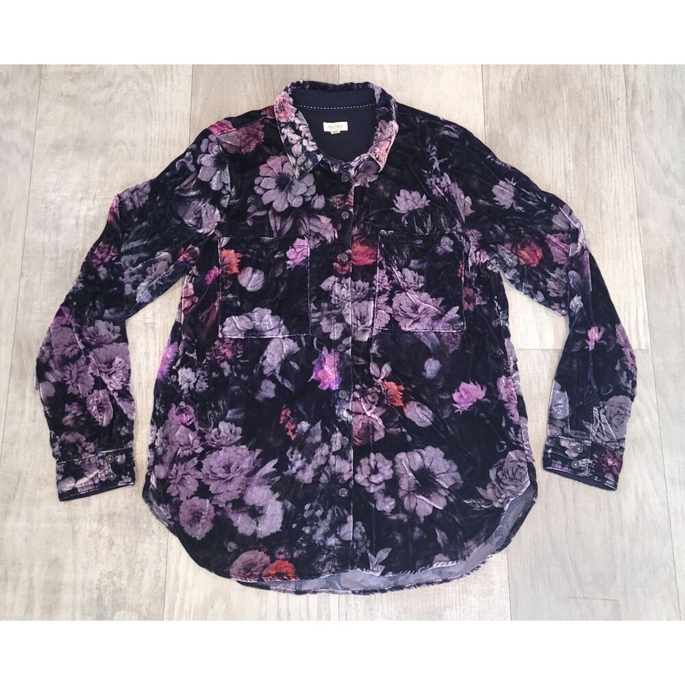 Pilcro Anthropologie Hadley Relaxed Button Down Velvet Shirt Sz M Floral Pockets